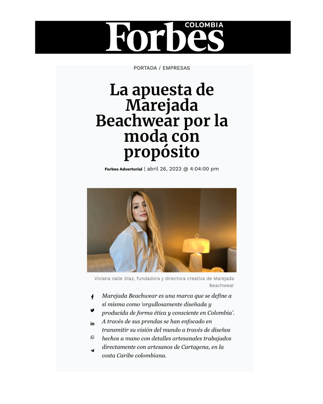 La apuesta de Marejada Beachwear por la moda con propósito. Un articulo de FORBES COLOMBIA.